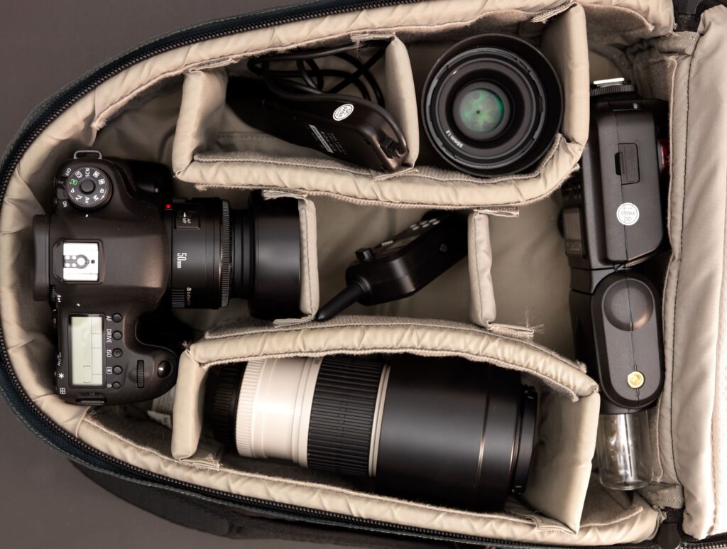 A camera bag full of photography equipment in Huntsville Alabama