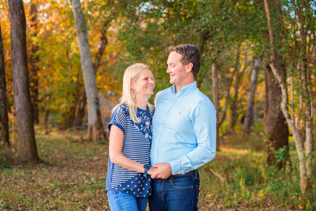 A husband and wife pose for pictures at Hayes Nature Preserve in Huntsville Alabama